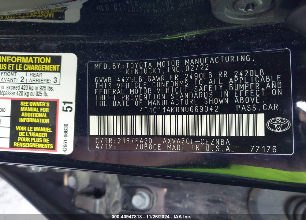 2022 TOYOTA CAMRY LE VIN: 4T1C11AK0NU669042