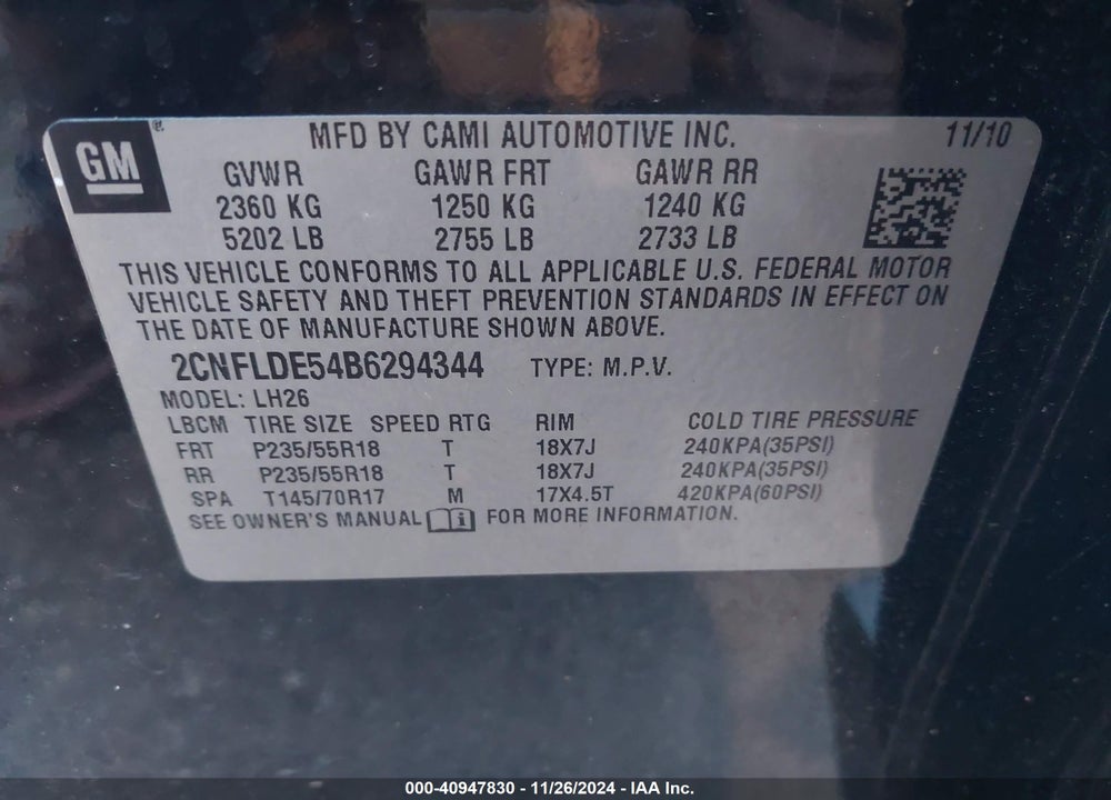 2011 CHEVROLET EQUINOX 1LT VIN: 2CNFLDE54B6294344