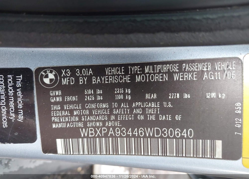 2006 BMW X3 3.0I VIN: WBXPA93446WD30640