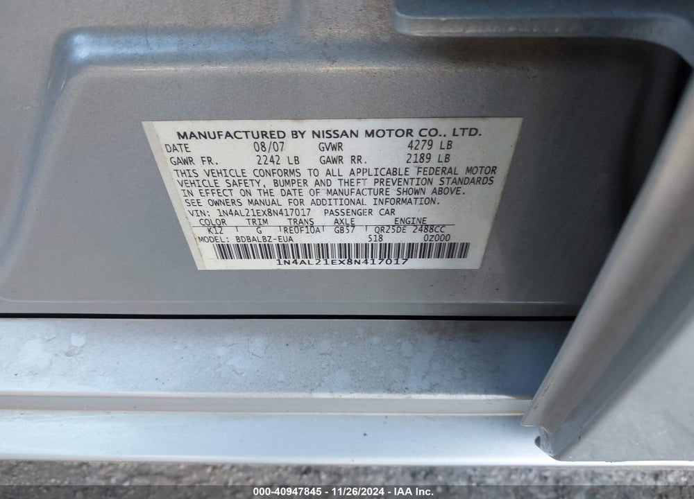 2008 NISSAN ALTIMA 2.5 S VIN: 1N4AL21EX8N417017
