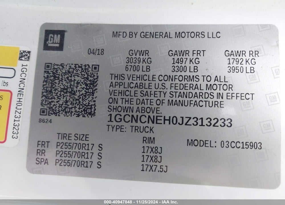 2018 CHEVROLET SILVERADO 1500 WORK TRUCK VIN: 1GCNCNEH0JZ313233