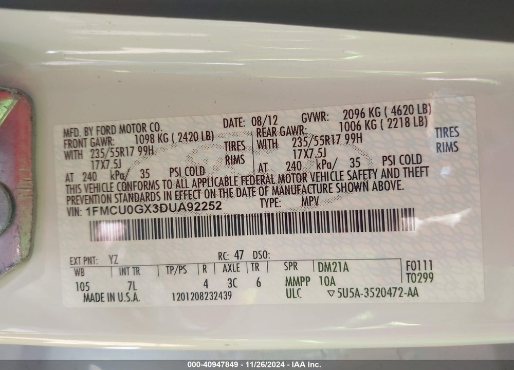 2013 FORD ESCAPE SE VIN: 1FMCU0GX3DUA92252