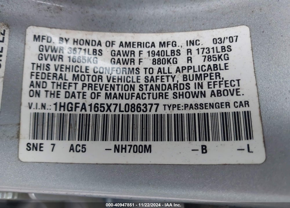 2007 HONDA CIVIC LX VIN: 1HGFA165X7L086377