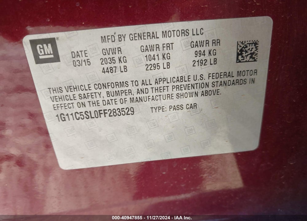 2015 CHEVROLET MALIBU 1LT VIN: 1G11C5SL0FF283529