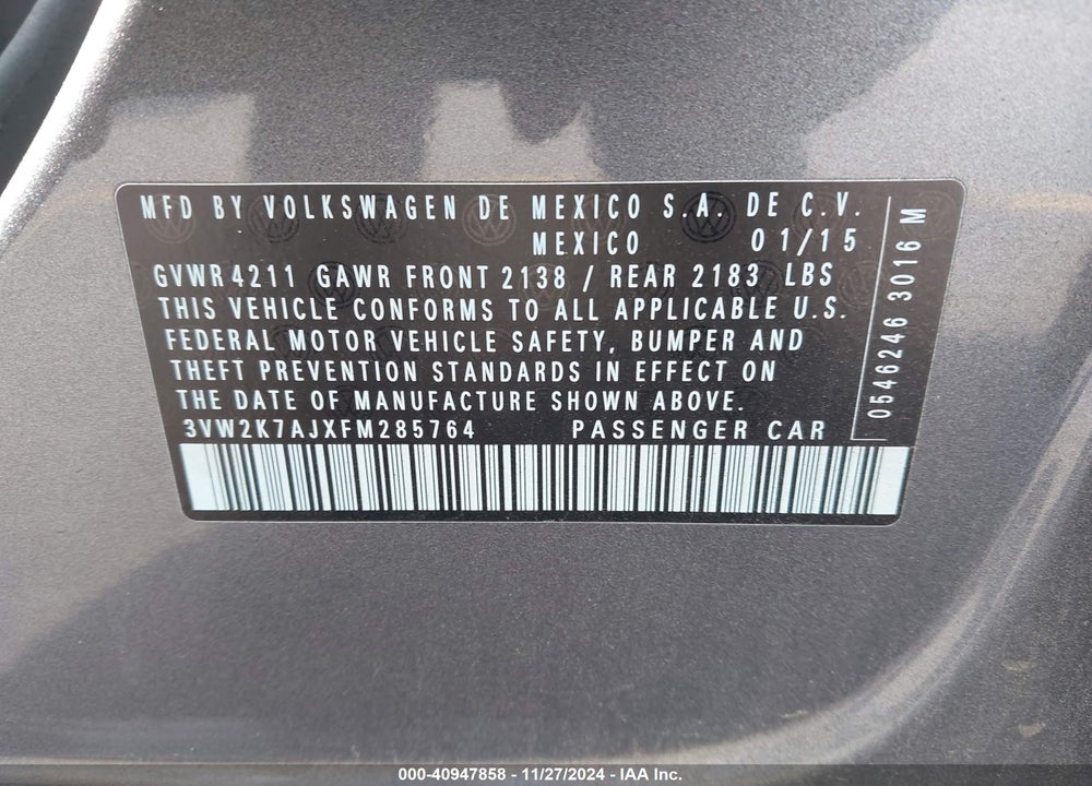 2015 VOLKSWAGEN JETTA 2.0L S VIN: 3VW2K7AJXFM285764