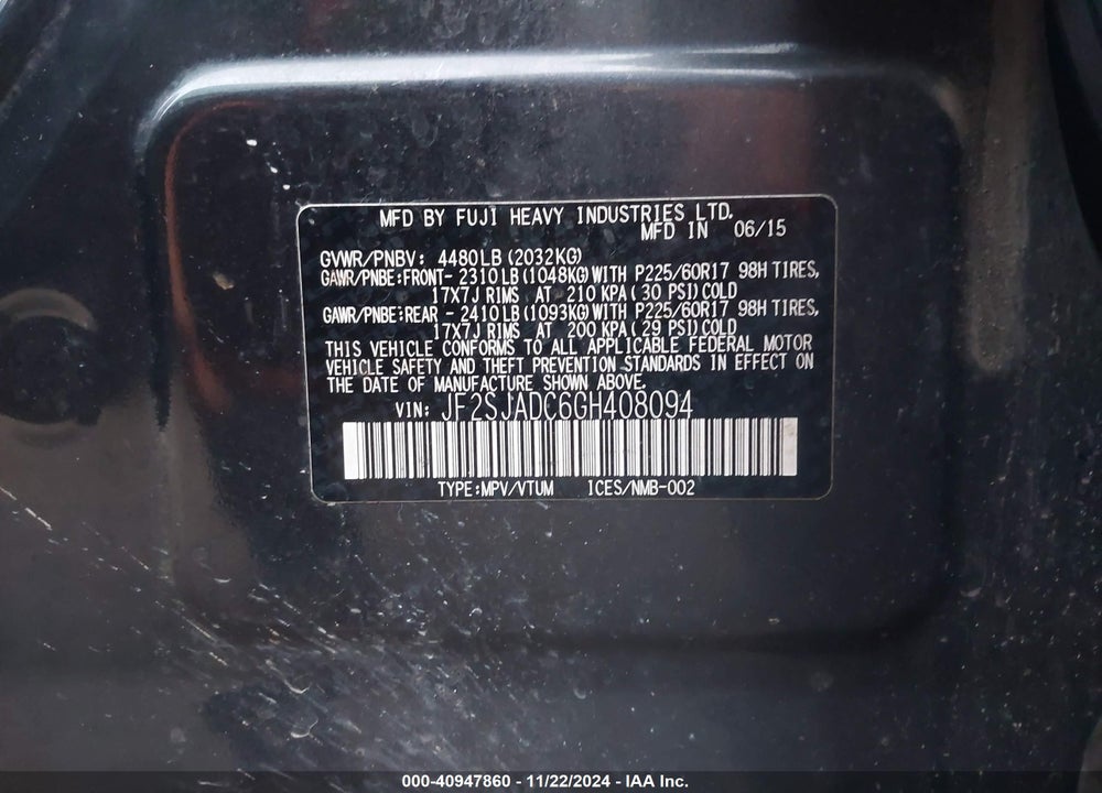 2016 SUBARU FORESTER 2.5I PREMIUM VIN: JF2SJADC6GH408094