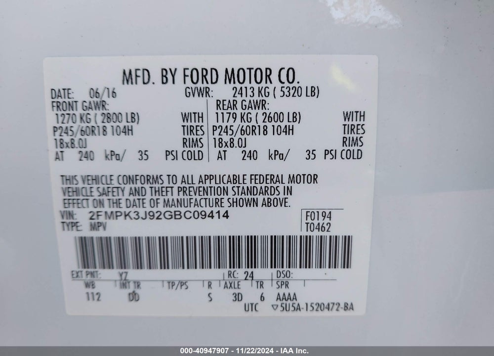 2016 FORD EDGE SEL VIN: 2FMPK3J92GBC09414