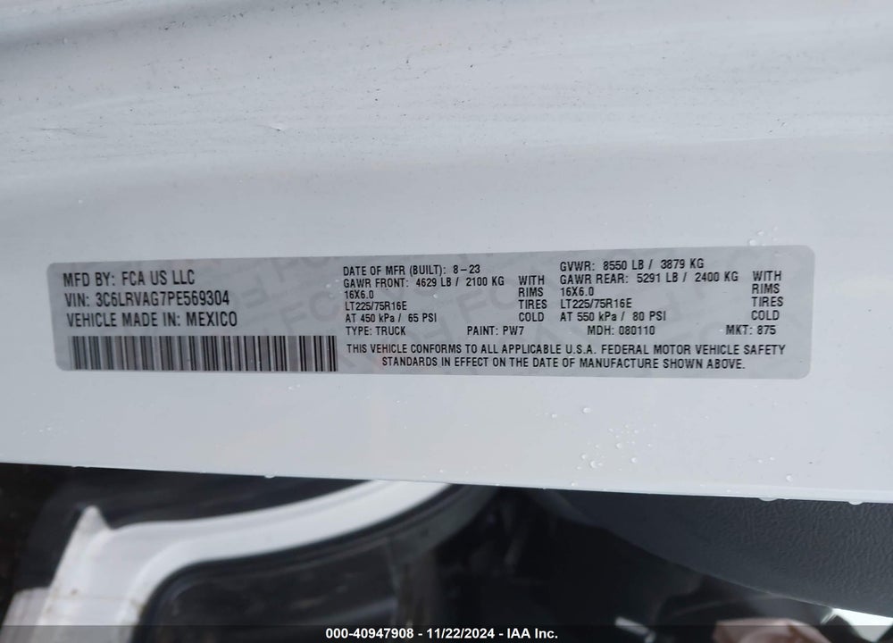 2023 RAM PROMASTER 1500 LOW ROOF 136 WB VIN: 3C6LRVAG7PE569304