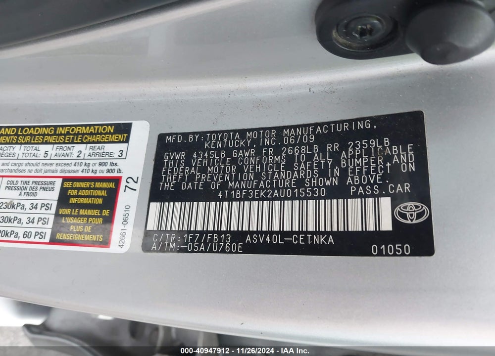 2010 TOYOTA CAMRY LE VIN: 4T1BF3EK2AU015530