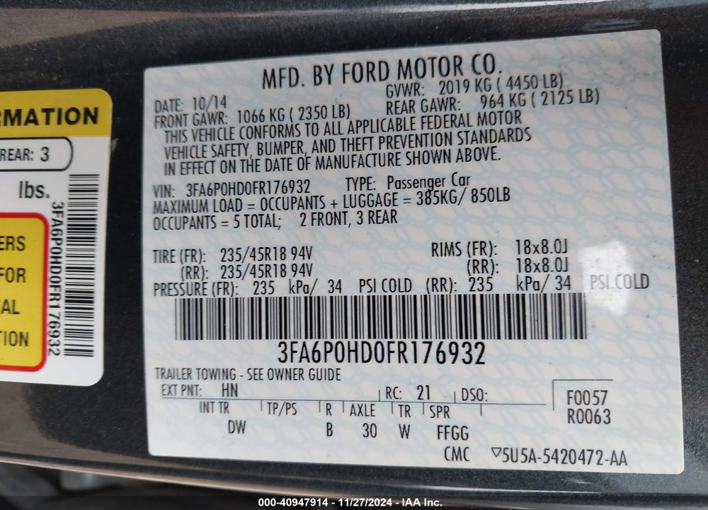 2015 FORD FUSION SE VIN: 3FA6P0HD0FR176932