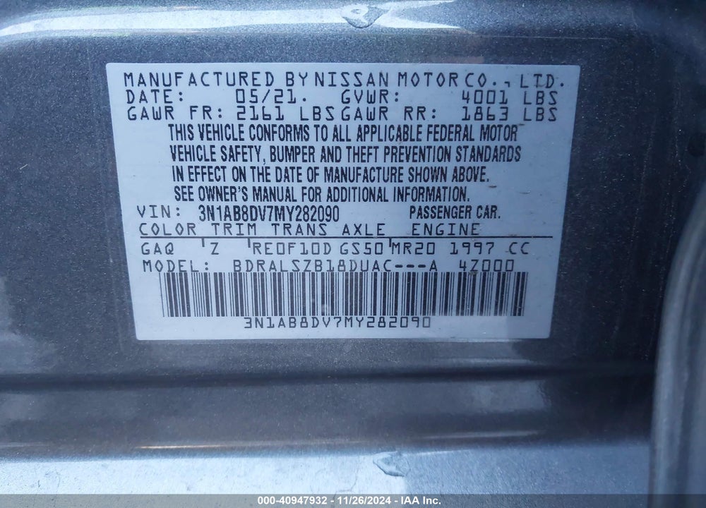2021 NISSAN SENTRA VIN: 3N1AB8DV7MY282090