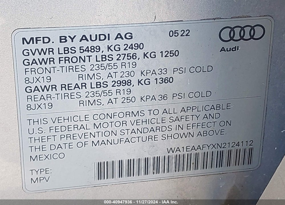2022 AUDI Q5 PREMIUM PLUS 45 TFSI S LINE QUATTRO S TRONIC VIN: WA1EAAFYXN2124112