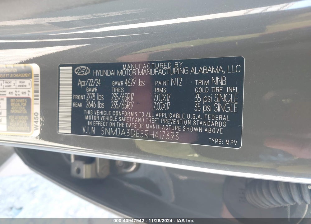 2024 HYUNDAI TUCSON SE VIN: 5NMJA3DE5RH417393