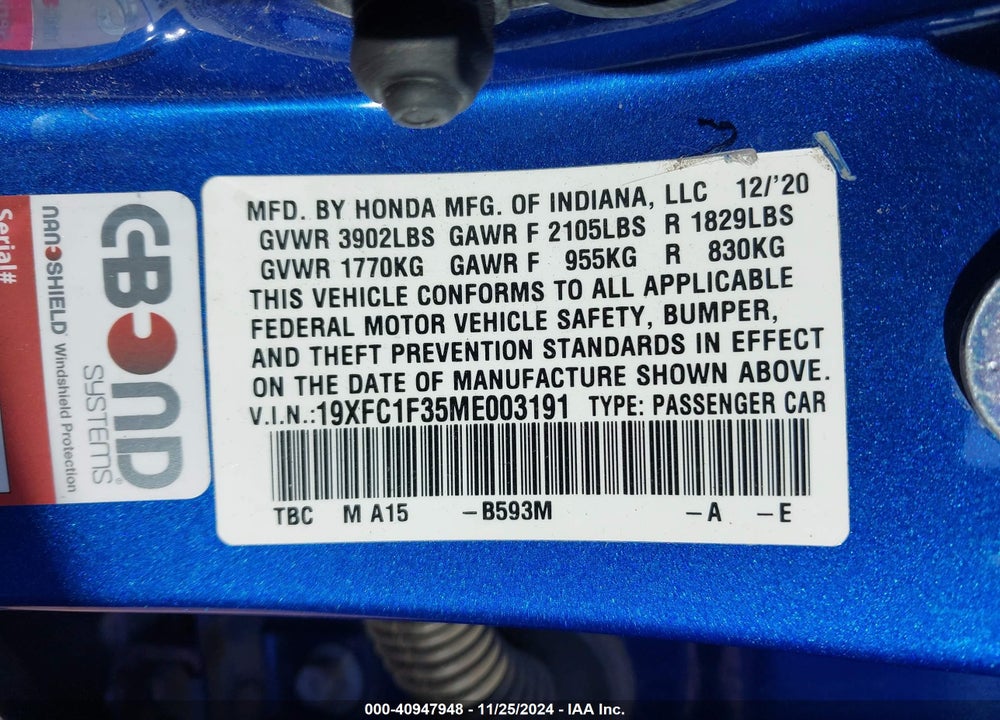 2021 HONDA CIVIC EX VIN: 19XFC1F35ME003191