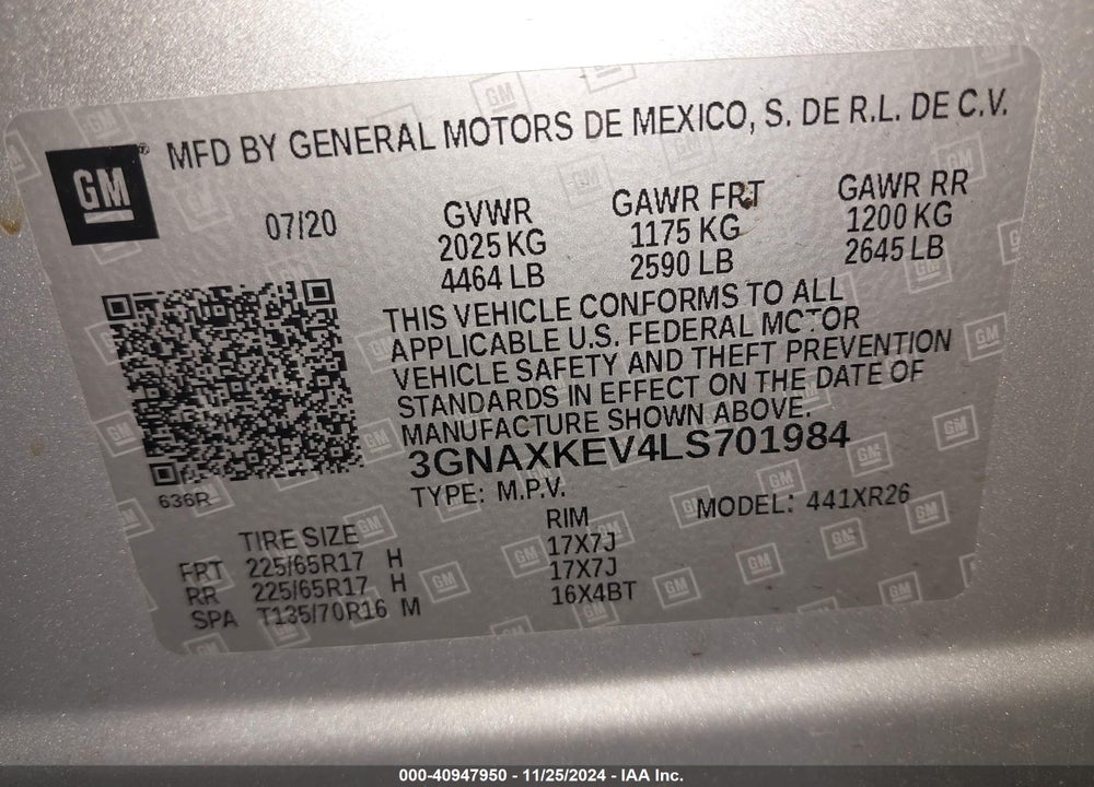 2020 CHEVROLET EQUINOX FWD LT 1.5L TURBO VIN: 3GNAXKEV4LS701984