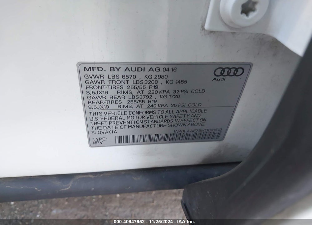 2017 AUDI Q7 3.0T PREMIUM VIN: WA1LAAF75HD013510