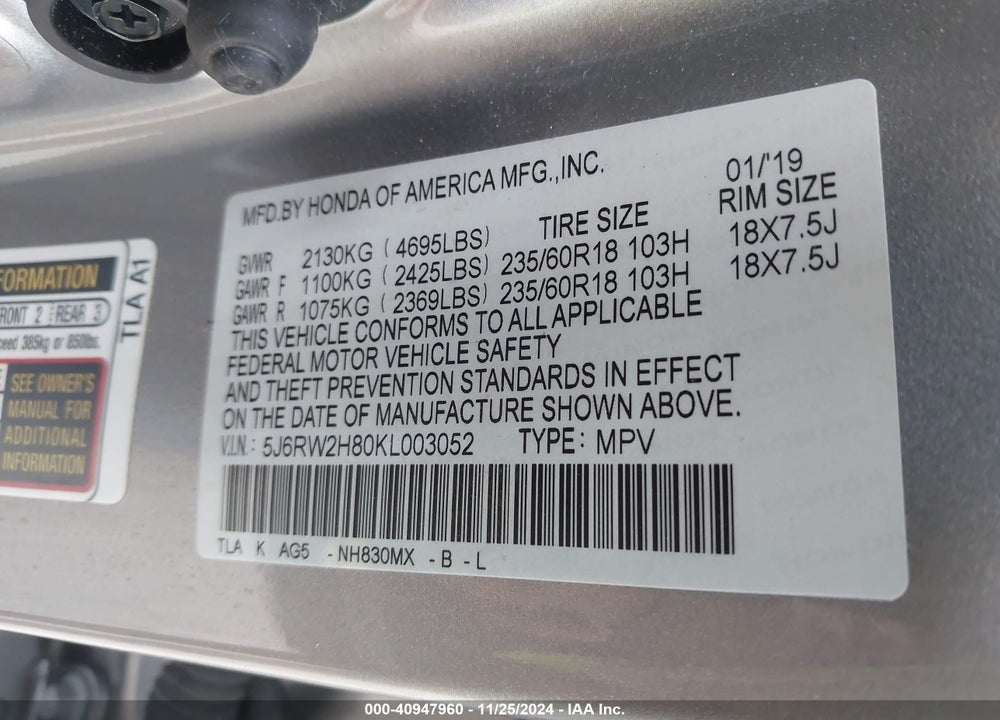 2019 HONDA CR-V EX-L VIN: 5J6RW2H80KL003052