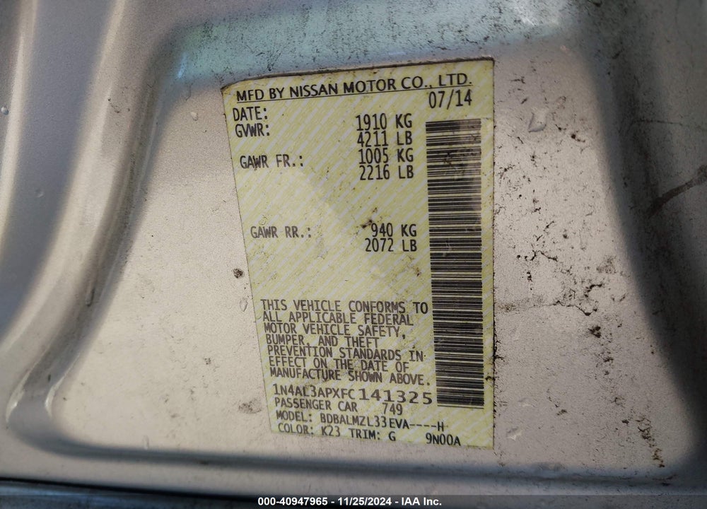 2015 NISSAN ALTIMA VIN: 1N4AL3APXFC141325