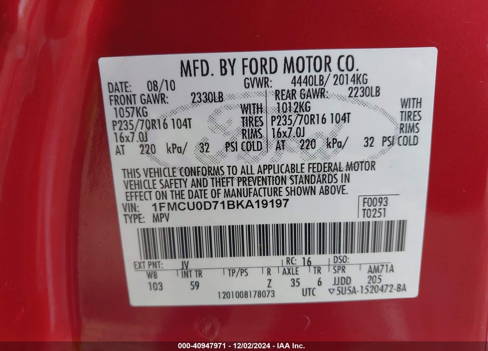 2011 FORD ESCAPE XLT VIN: 1FMCU0D71BKA19197