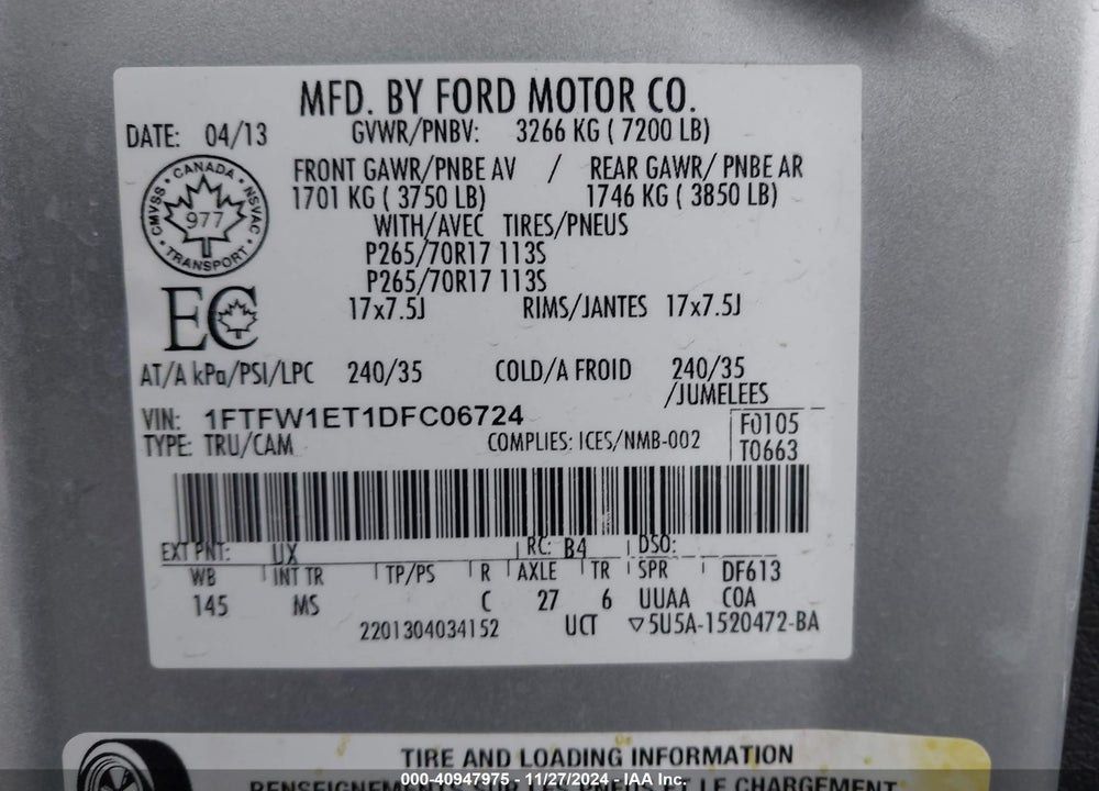 2013 FORD F-150 XLT VIN: 1FTFW1ET1DFC06724