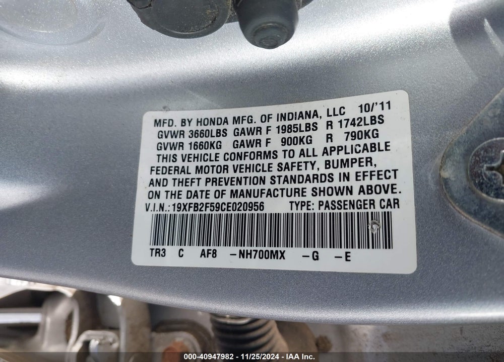 2012 HONDA CIVIC LX VIN: 19XFB2F59CE020956