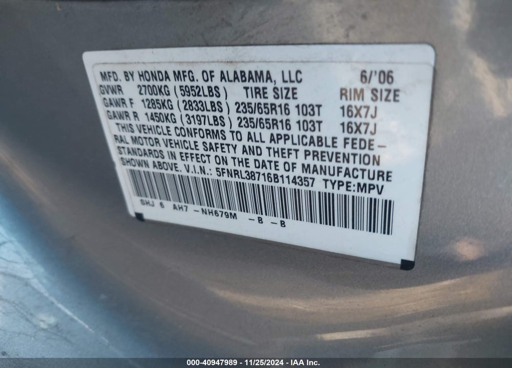 2006 HONDA ODYSSEY EX-L VIN: 5FNRL38716B114357