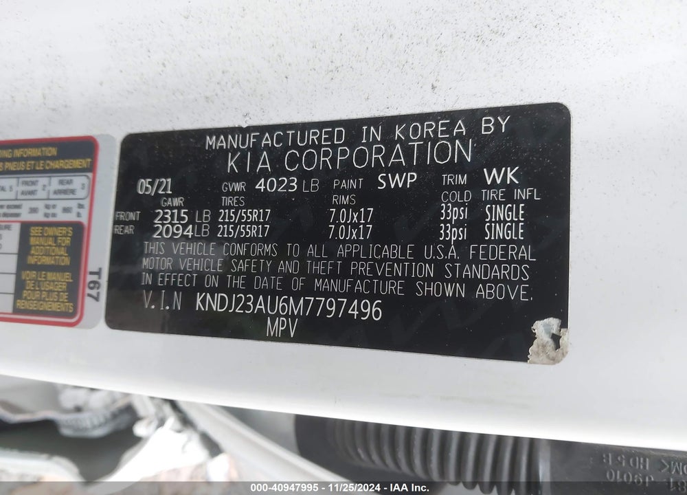 2021 KIA SOUL !/+/S VIN: KNDJ23AU6M7797496