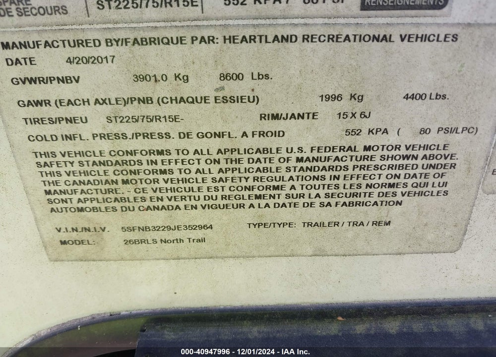 2018 HEARTLAND RV OTHER VIN: 5SFNB3229JE352964