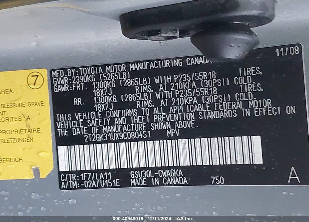 2009 LEXUS RX 350 VIN: 2T2GK31UX9C080451