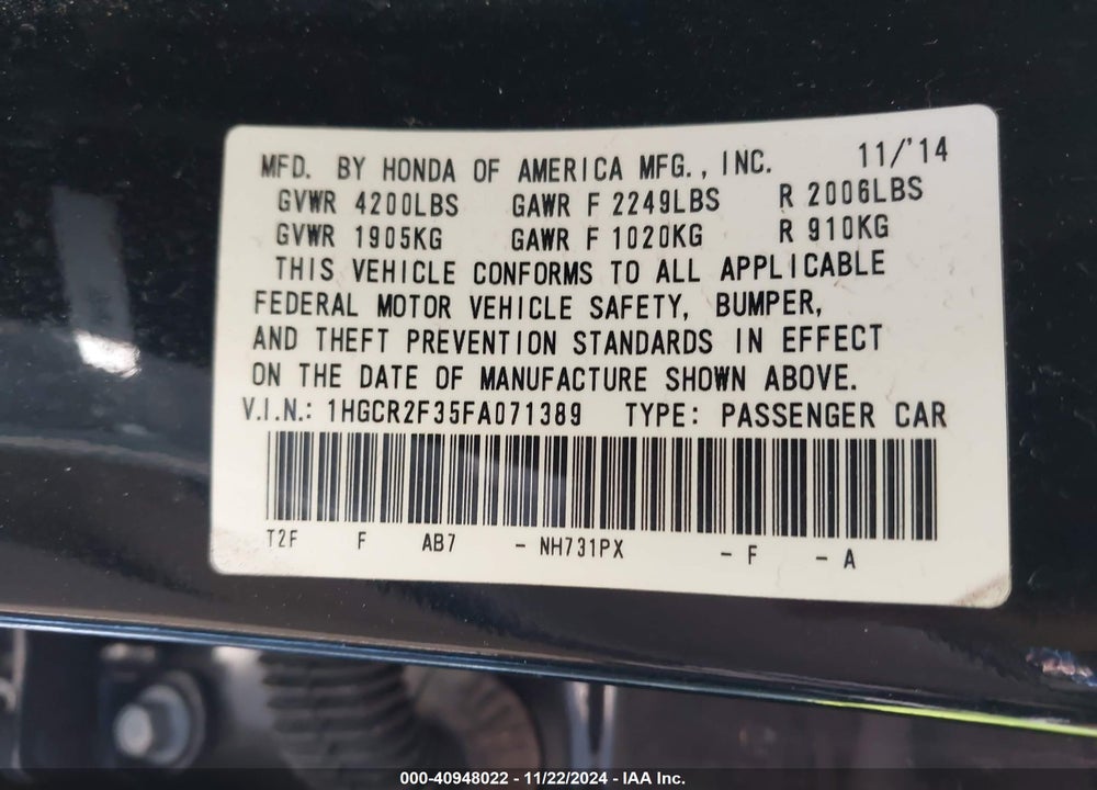 2015 HONDA ACCORD LX VIN: 1HGCR2F35FA071389