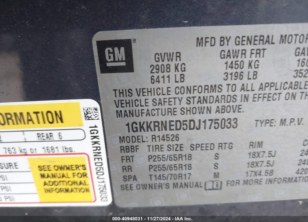 2013 GMC ACADIA SLE-1 VIN: 1GKKRNED5DJ175033