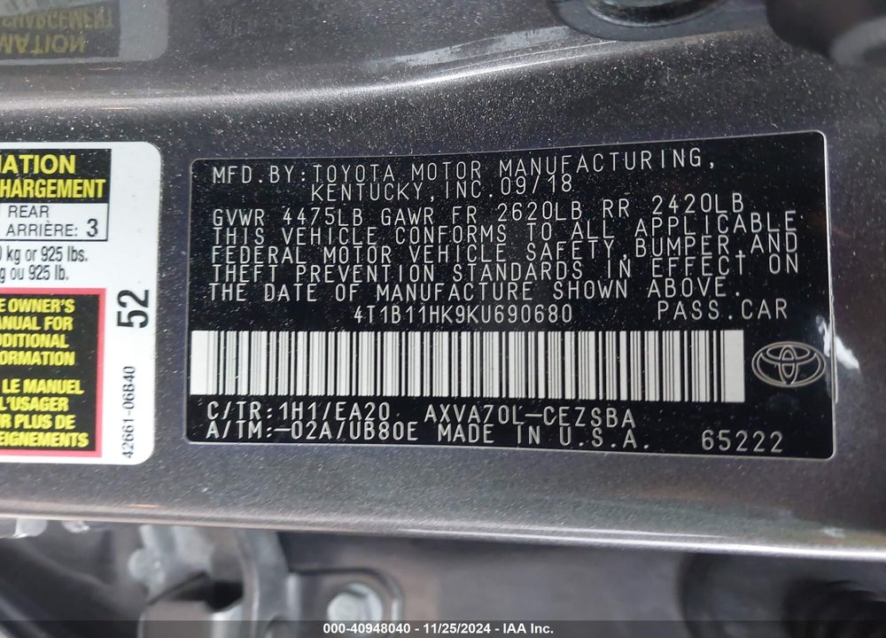 2019 TOYOTA CAMRY VIN: 4T1B11HK9KU690680