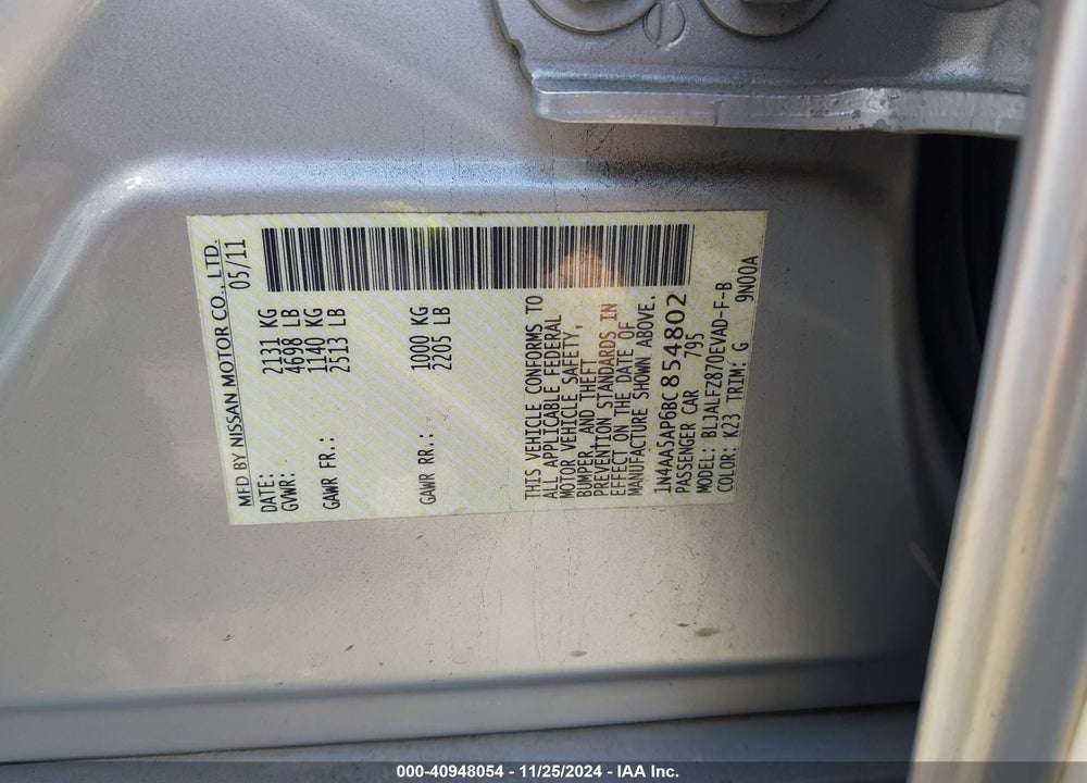 2011 NISSAN MAXIMA 3.5 SV VIN: 1N4AA5AP6BC854802