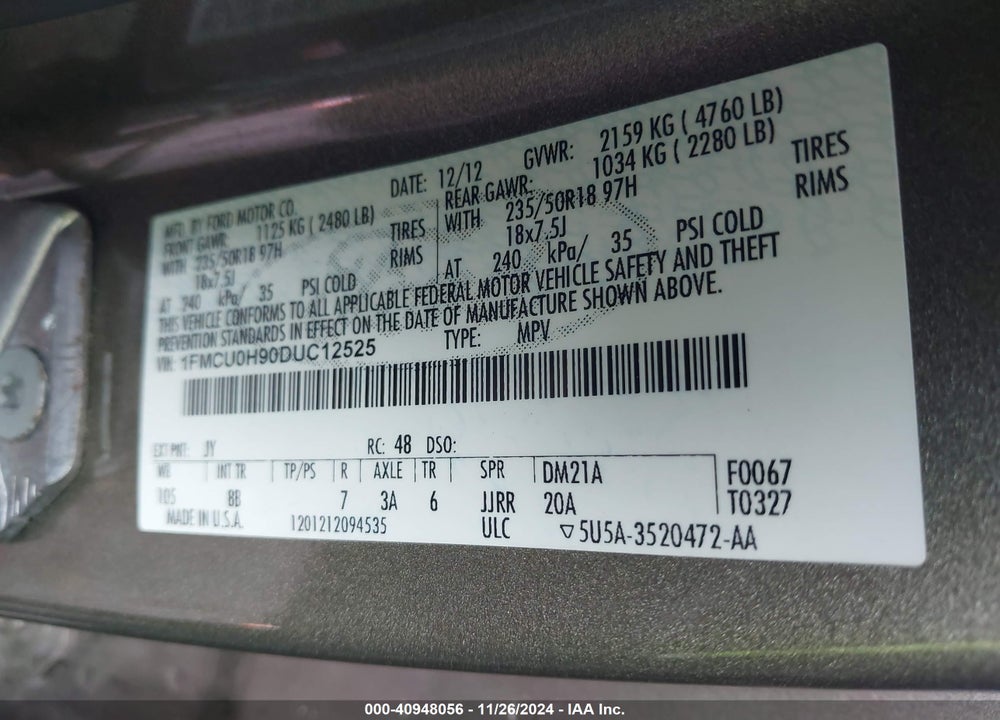 2013 FORD ESCAPE SEL VIN: 1FMCU0H90DUC12525