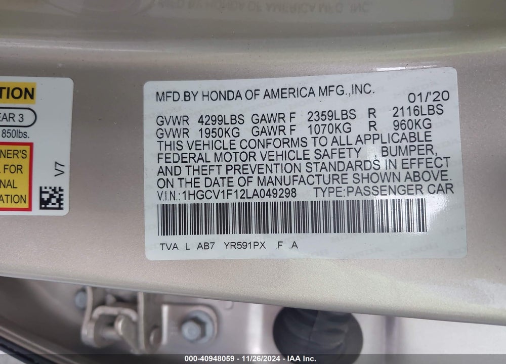 2020 HONDA ACCORD VIN: 1HGCV1F12LA049298