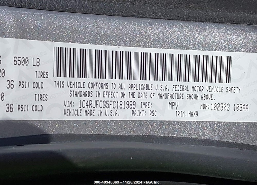 2015 JEEP GRAND CHEROKEE HIGH ALTITUDE VIN: 1C4RJFCG5FC181989