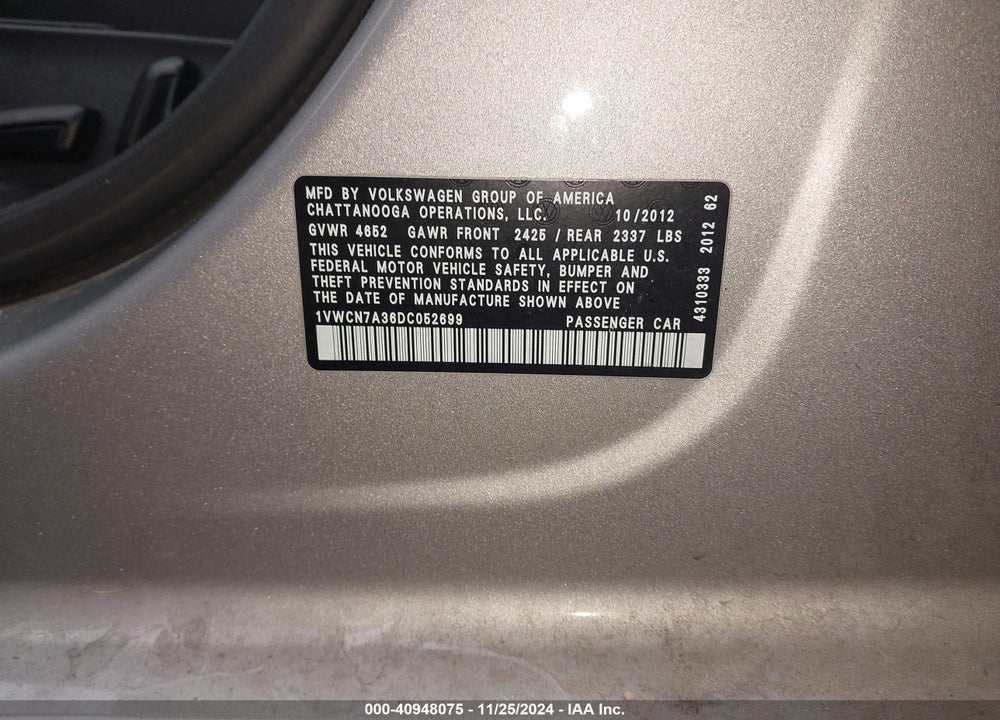 2013 VOLKSWAGEN PASSAT 2.0L TDI SEL PREMIUM VIN: 1VWCN7A36DC052699