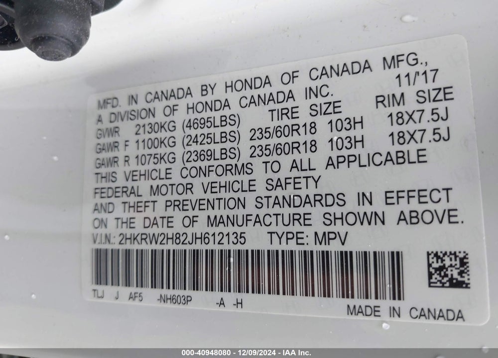 2018 HONDA CR-V EX-L/EX-L NAVI VIN: 2HKRW2H82JH612135