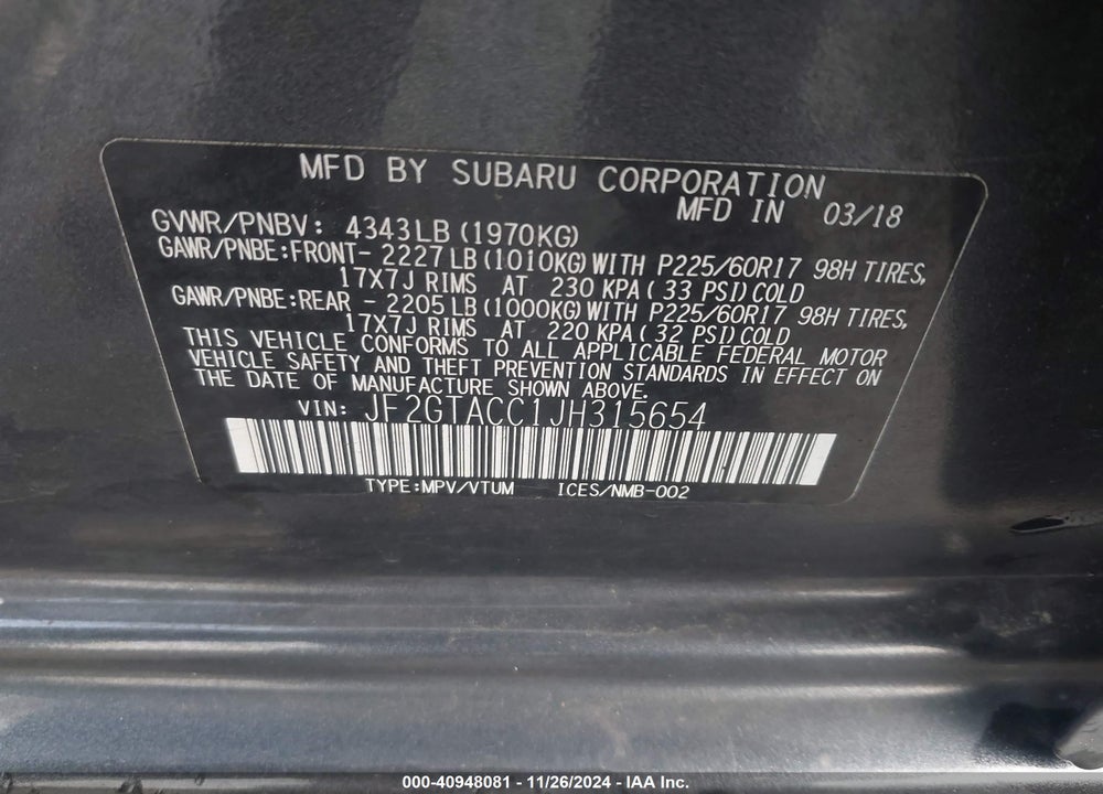 2018 SUBARU CROSSTREK 2.0I PREMIUM VIN: JF2GTACC1JH315654