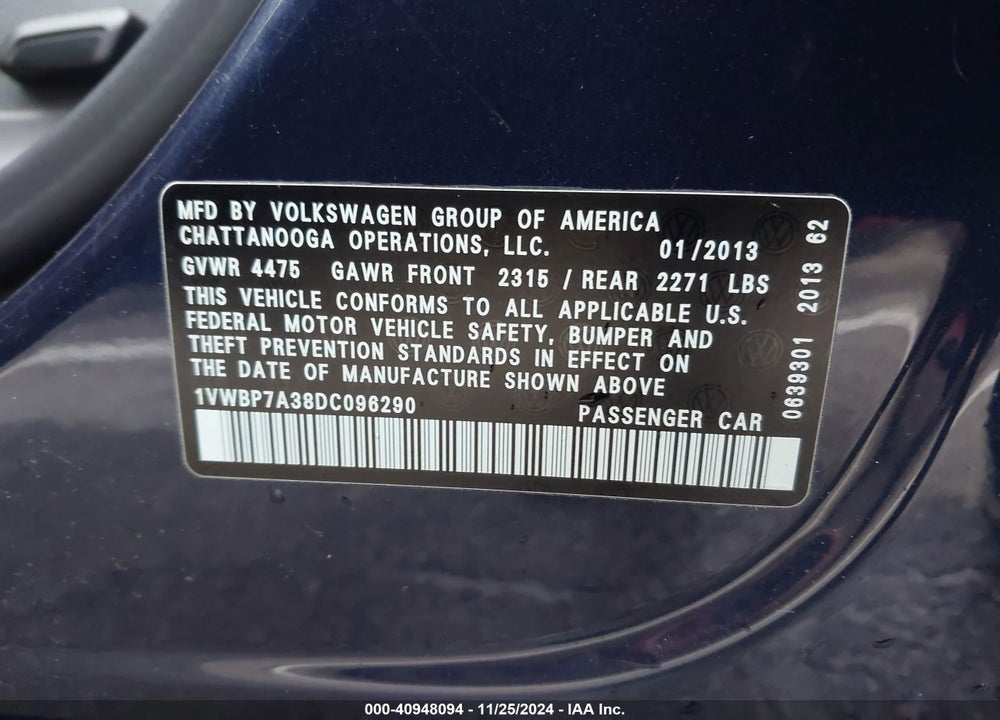 2013 VOLKSWAGEN PASSAT 2.5L SE VIN: 1VWBP7A38DC096290