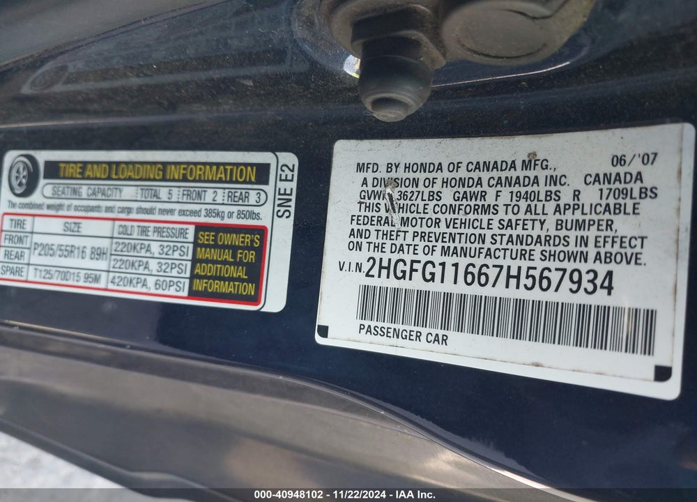 2007 HONDA CIVIC VIN: 2HGFG11667H567934