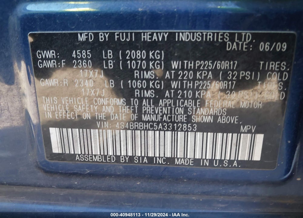 2010 SUBARU OUTBACK 2.5I PREMIUM VIN: 4S4BRBHC5A3312853