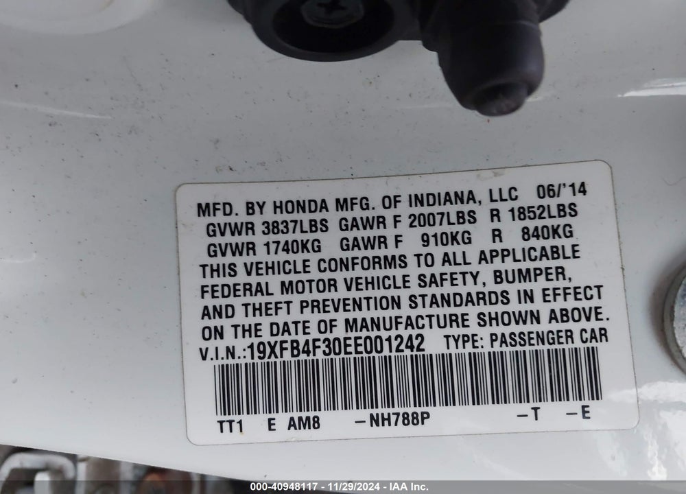 2014 HONDA CIVIC HYBRID VIN: 19XFB4F30EE001242