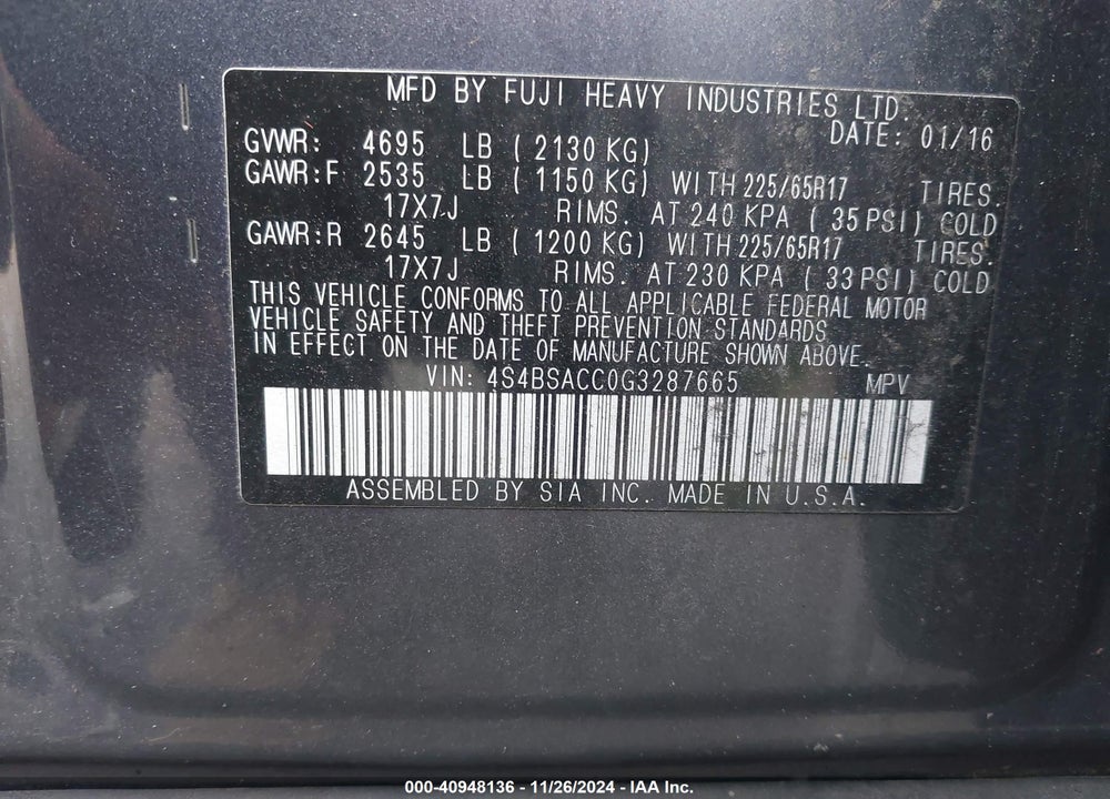 2016 SUBARU OUTBACK 2.5I PREMIUM VIN: 4S4BSACC0G3287665