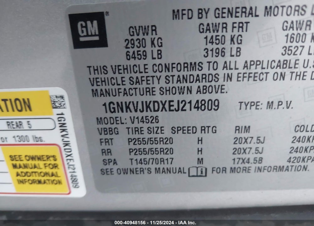 2014 CHEVROLET TRAVERSE LTZ VIN: 1GNKVJKDXEJ214809