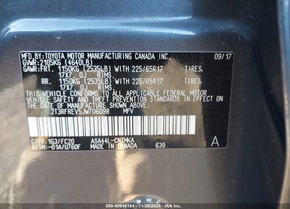 2018 TOYOTA RAV4 XLE VIN: 2T3RFREV5JW706098