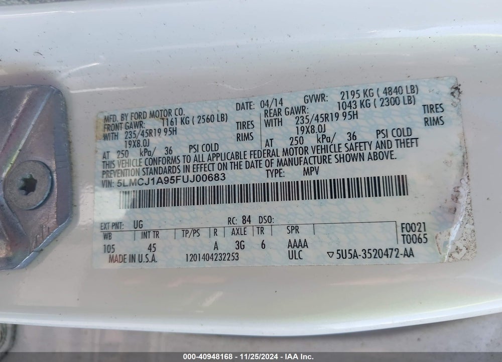 2015 LINCOLN MKC VIN: 5LMCJ1A95FUJ00683
