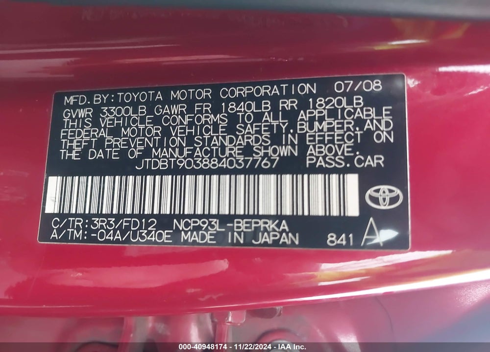 2008 TOYOTA YARIS VIN: JTDBT903884037767