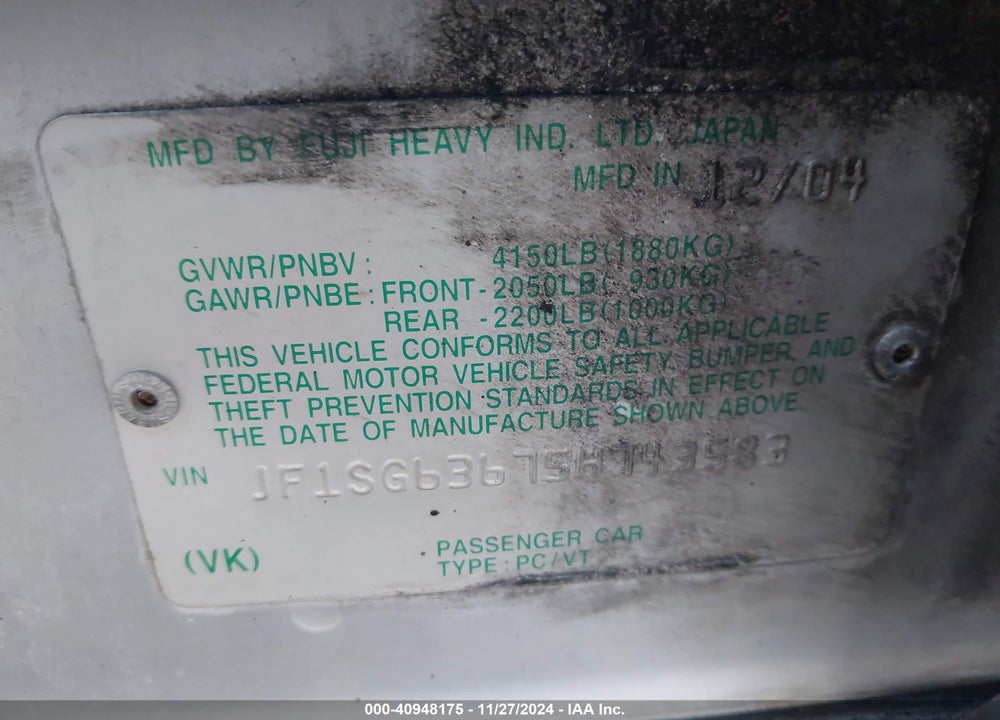 2005 SUBARU FORESTER 2.5X VIN: JF1SG63675H743583