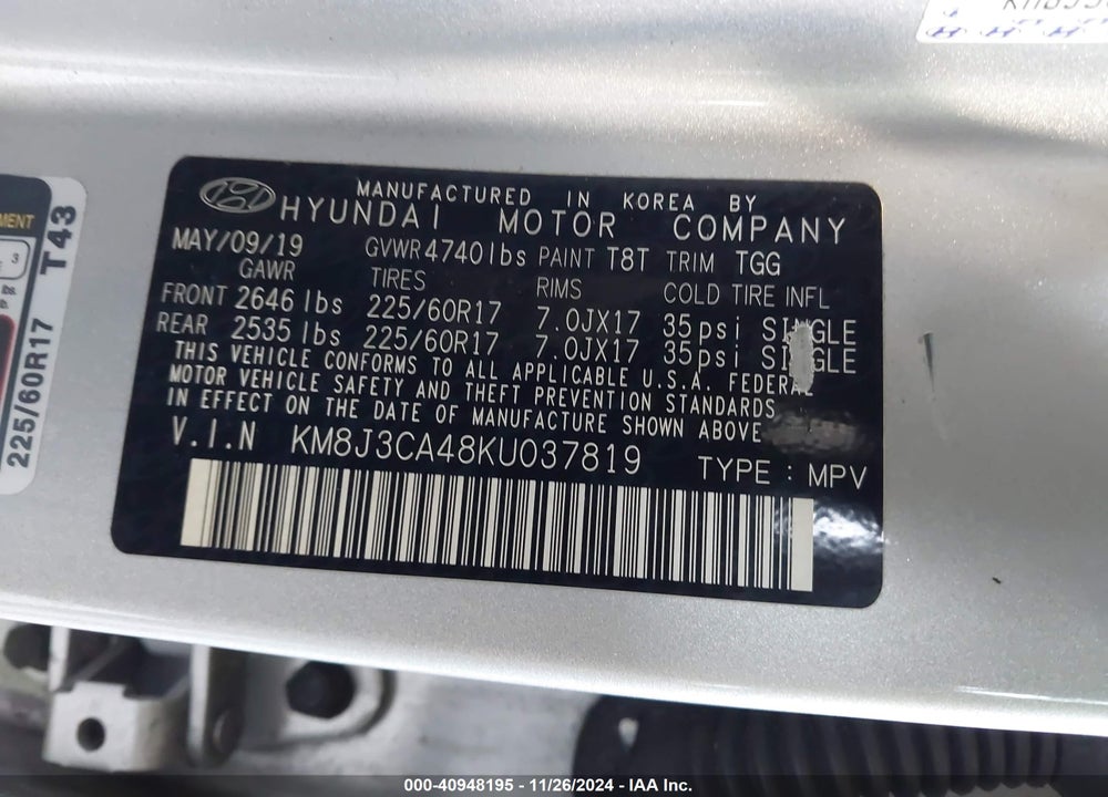 2019 HYUNDAI TUCSON VALUE VIN: KM8J3CA48KU037819